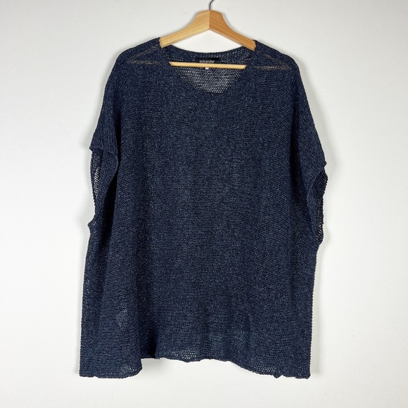 Eskandar Wool Blend Fishnet Crochet Stretch Boxy Oversize Pullover Sweater Blue - Picture 1 of 4